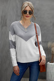 Chevron Color Block V-Neck Dropped Shoulder Sweater