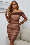 Off-Shoulder Ruched Long Sleeve Tulle Dress