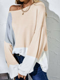 Color Block Balloon Sleeve Boat Neck Sweater